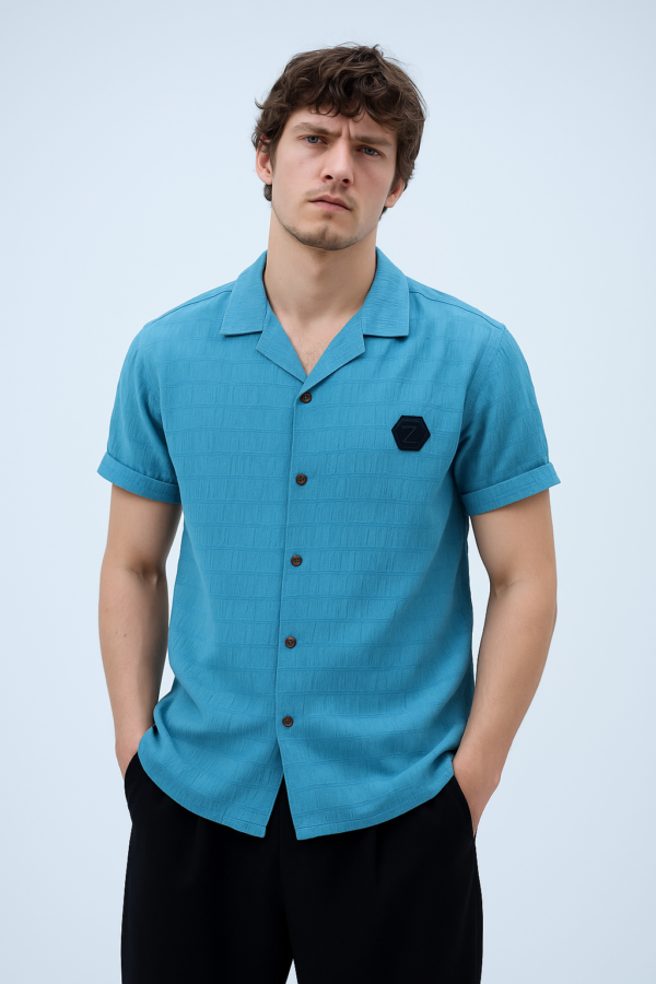 Men’s Blue Textured Cuban Collar Shirt